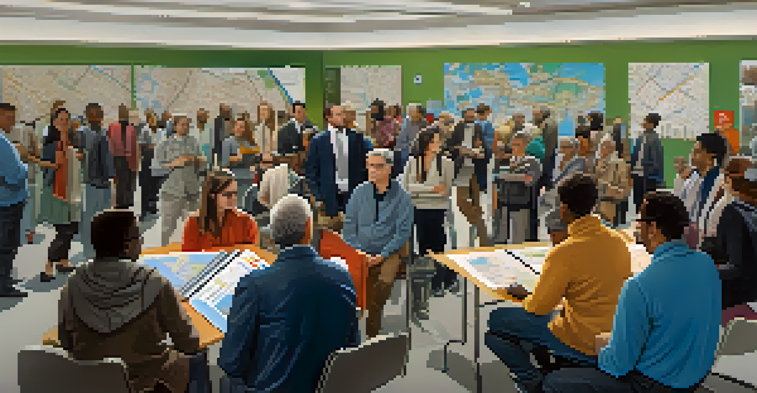 A community meeting about public transit improvements in Denver, showing residents and transit officials discussing plans with maps and charts.