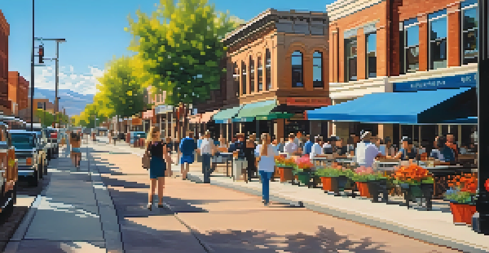 A lively street scene in Denver with modern and historic buildings, diverse people at outdoor cafes, colorful flowers, and a clear blue sky with mountains in the background.
