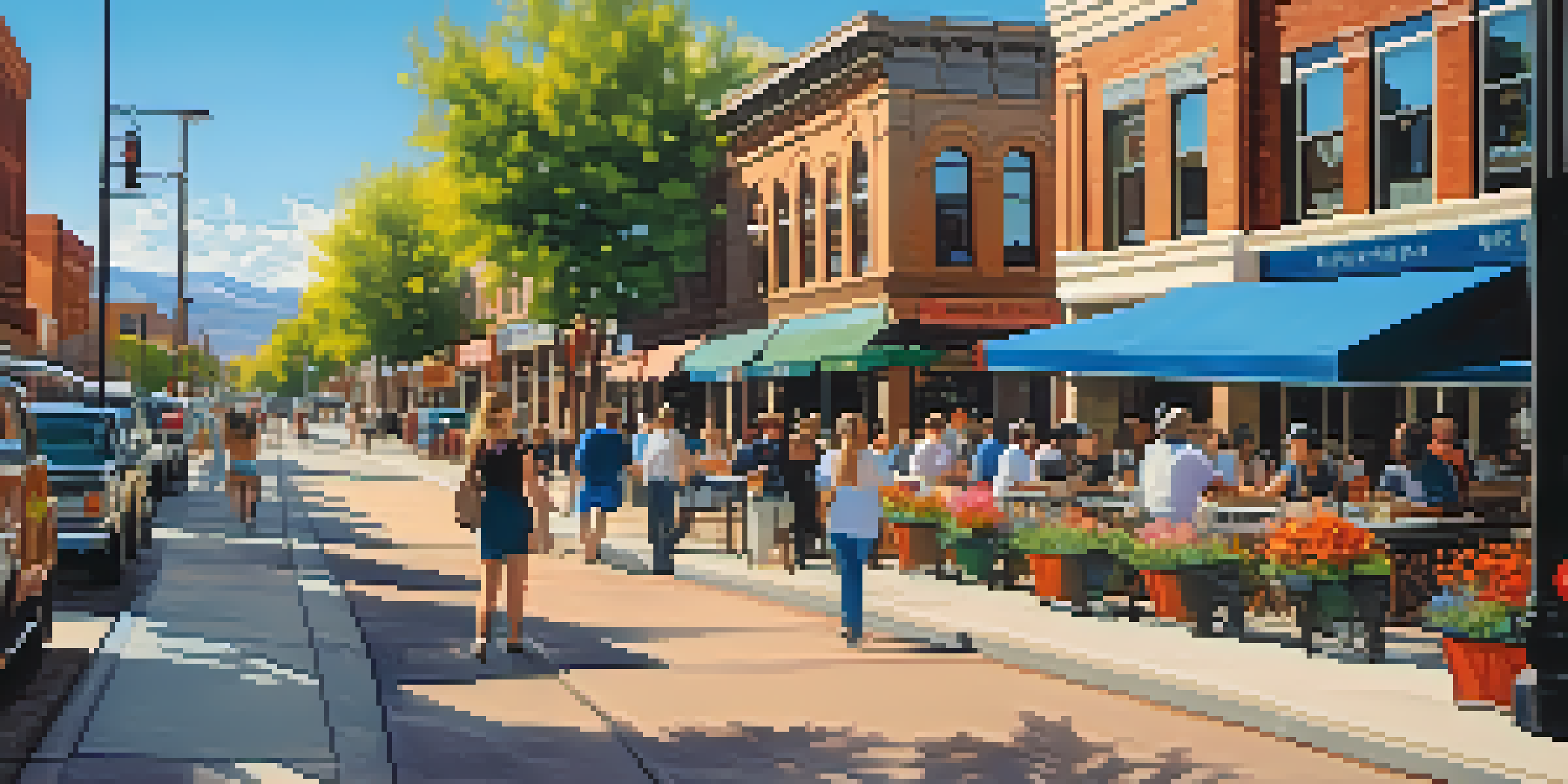 A lively street scene in Denver with modern and historic buildings, diverse people at outdoor cafes, colorful flowers, and a clear blue sky with mountains in the background.