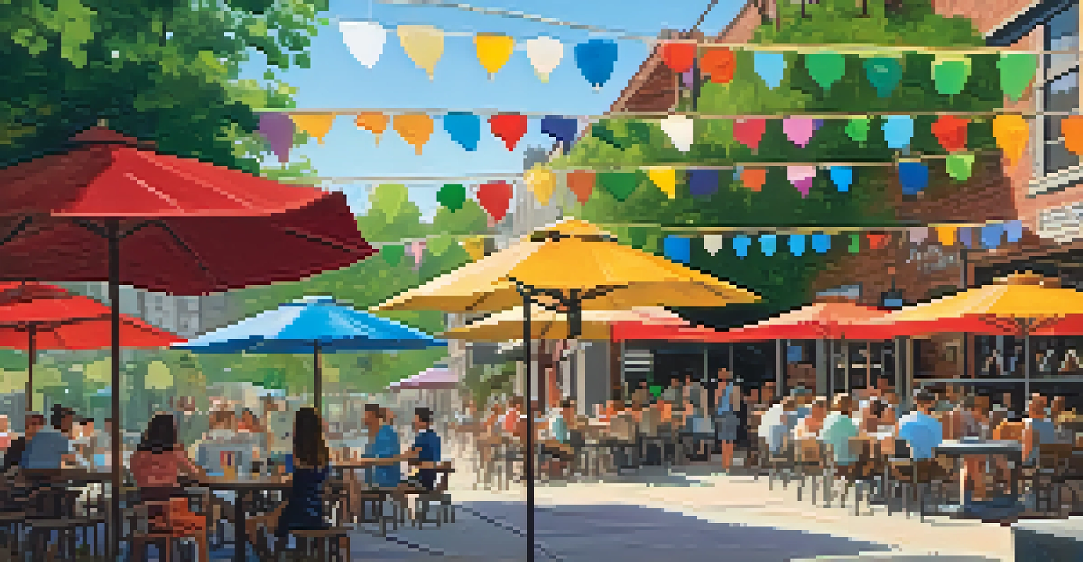 A vibrant outdoor brewery patio filled with people enjoying craft beer and food under colorful umbrellas, surrounded by lush greenery.