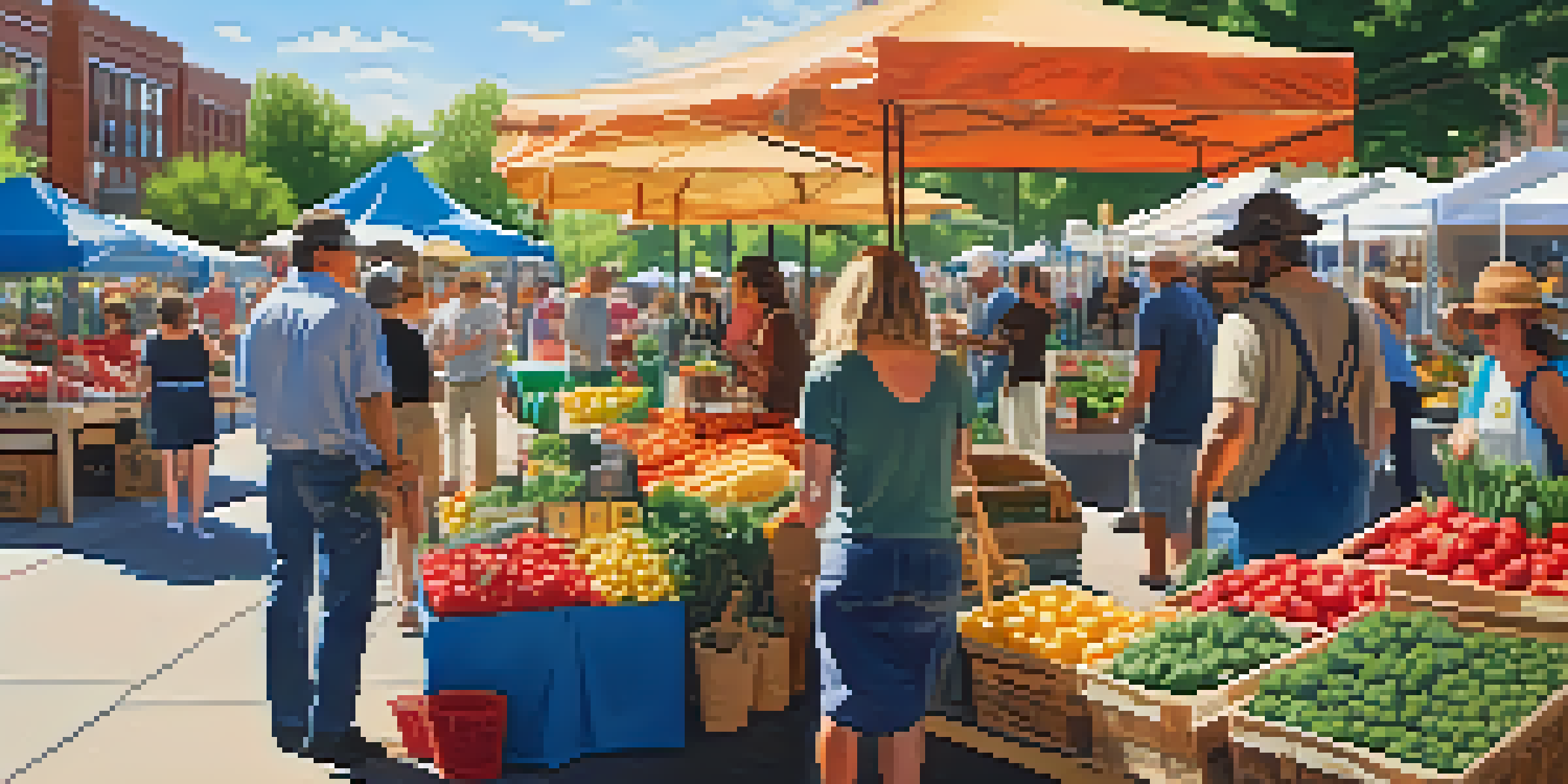 A lively farmers market in Denver with colorful stalls and people interacting with vendors.