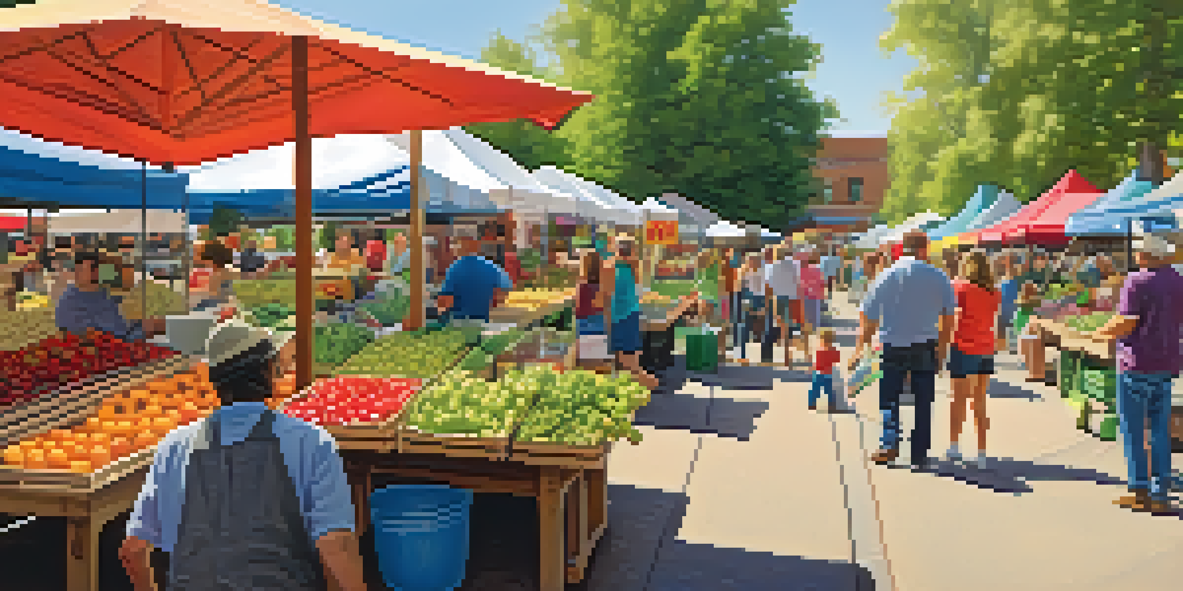 A bustling farmers market filled with colorful produce and families enjoying activities like face painting.