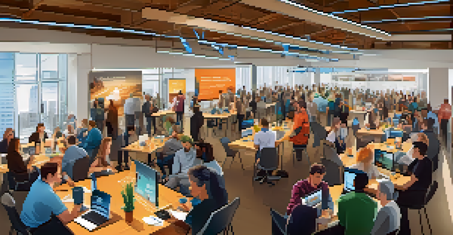 An overhead view of a networking event in a tech hub, showcasing professionals engaging in discussions and sharing ideas in a vibrant atmosphere.
