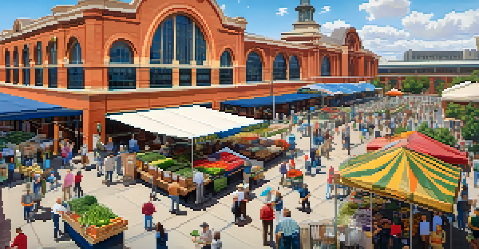 A lively farmers' market outside Union Station with stalls of fresh produce and local crafts against the historic backdrop.