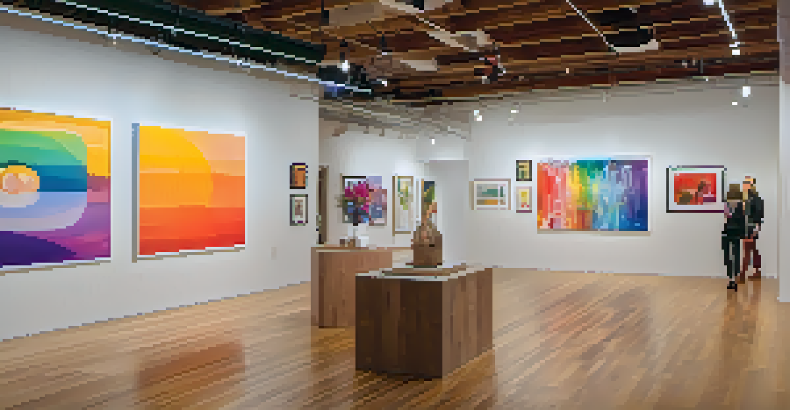 An art gallery in Denver showcasing an exhibition of queer artists, filled with colorful paintings and installations, and visitors engaging with the art under soft lighting.
