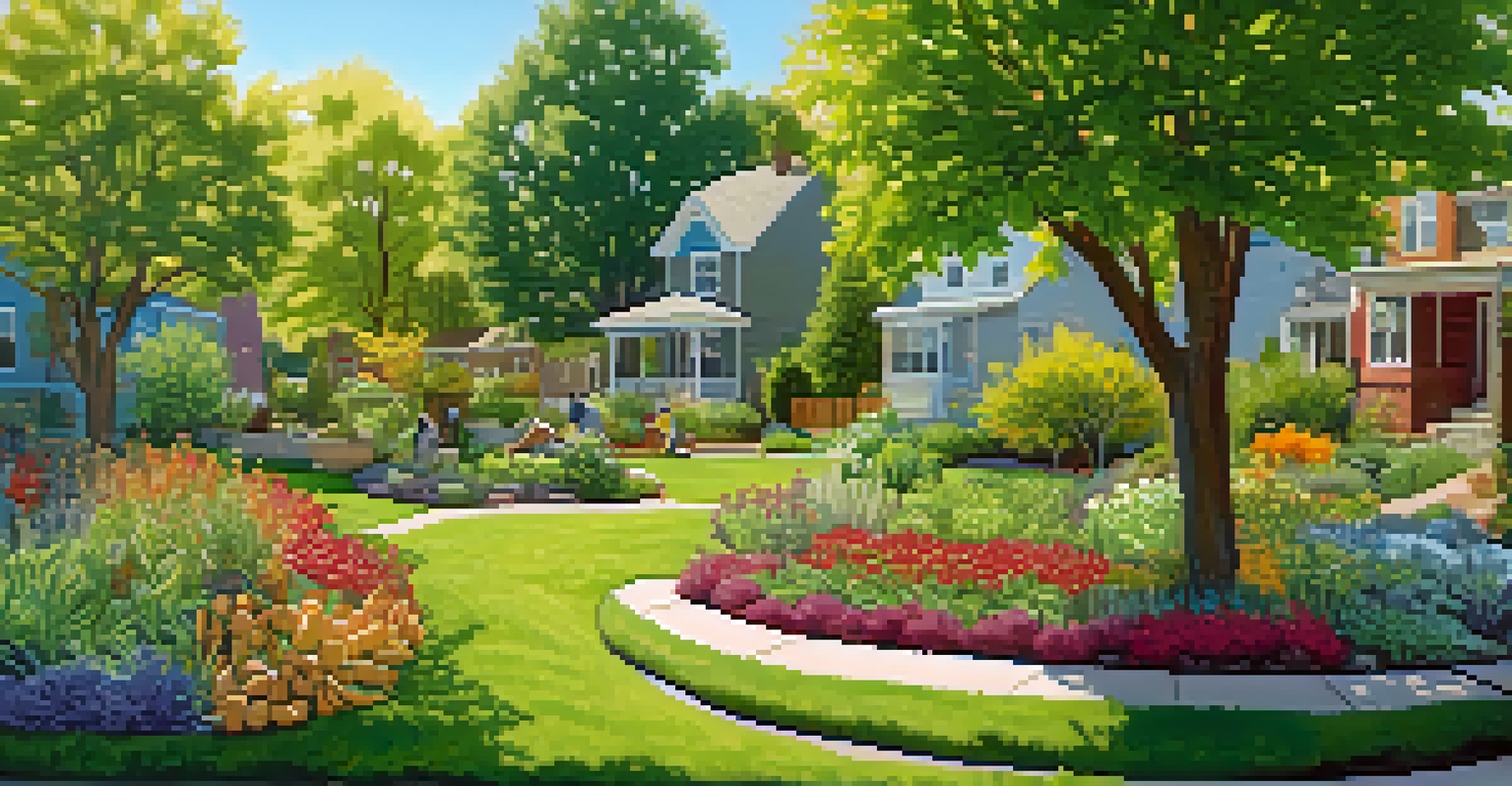 An edible landscape with families enjoying fruit trees and herb gardens in a neighborhood, showcasing a blend of nature and community spirit.