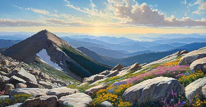 A scenic mountain view from the summit of Mount Evans, with wildflowers and grazing mountain goats in the foreground.