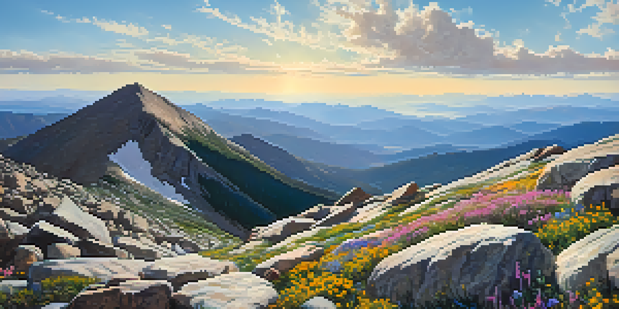 A scenic mountain view from the summit of Mount Evans, with wildflowers and grazing mountain goats in the foreground.