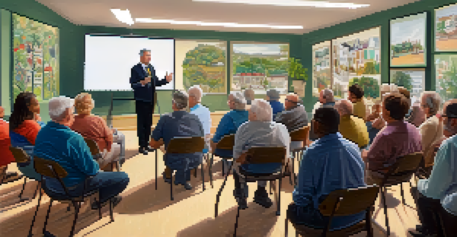A community town hall meeting with diverse residents and the mayor presenting ideas.