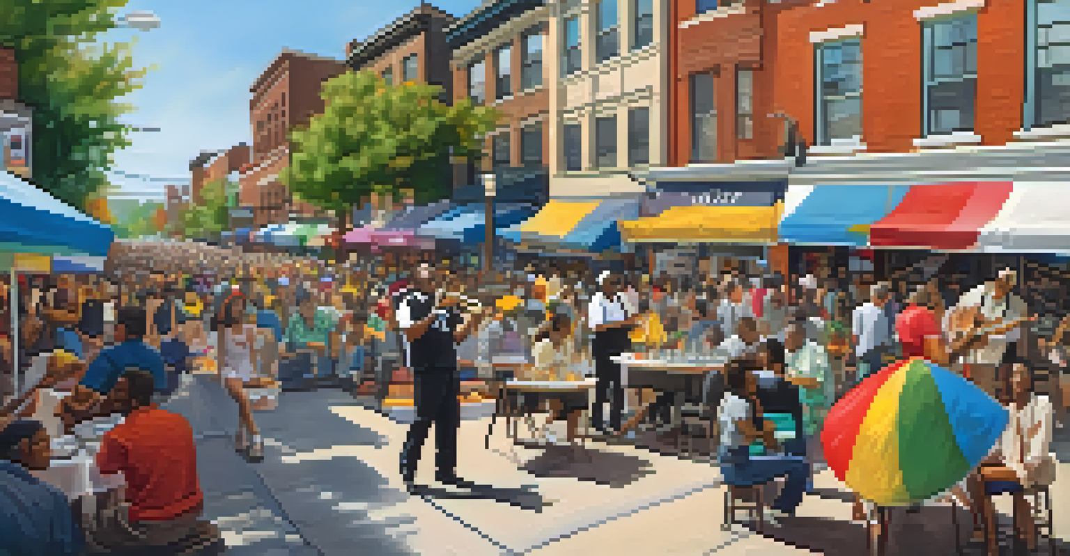 A lively street scene at the Capitol Hill Jazz Festival featuring musicians, colorful banners, and a crowd enjoying the event.