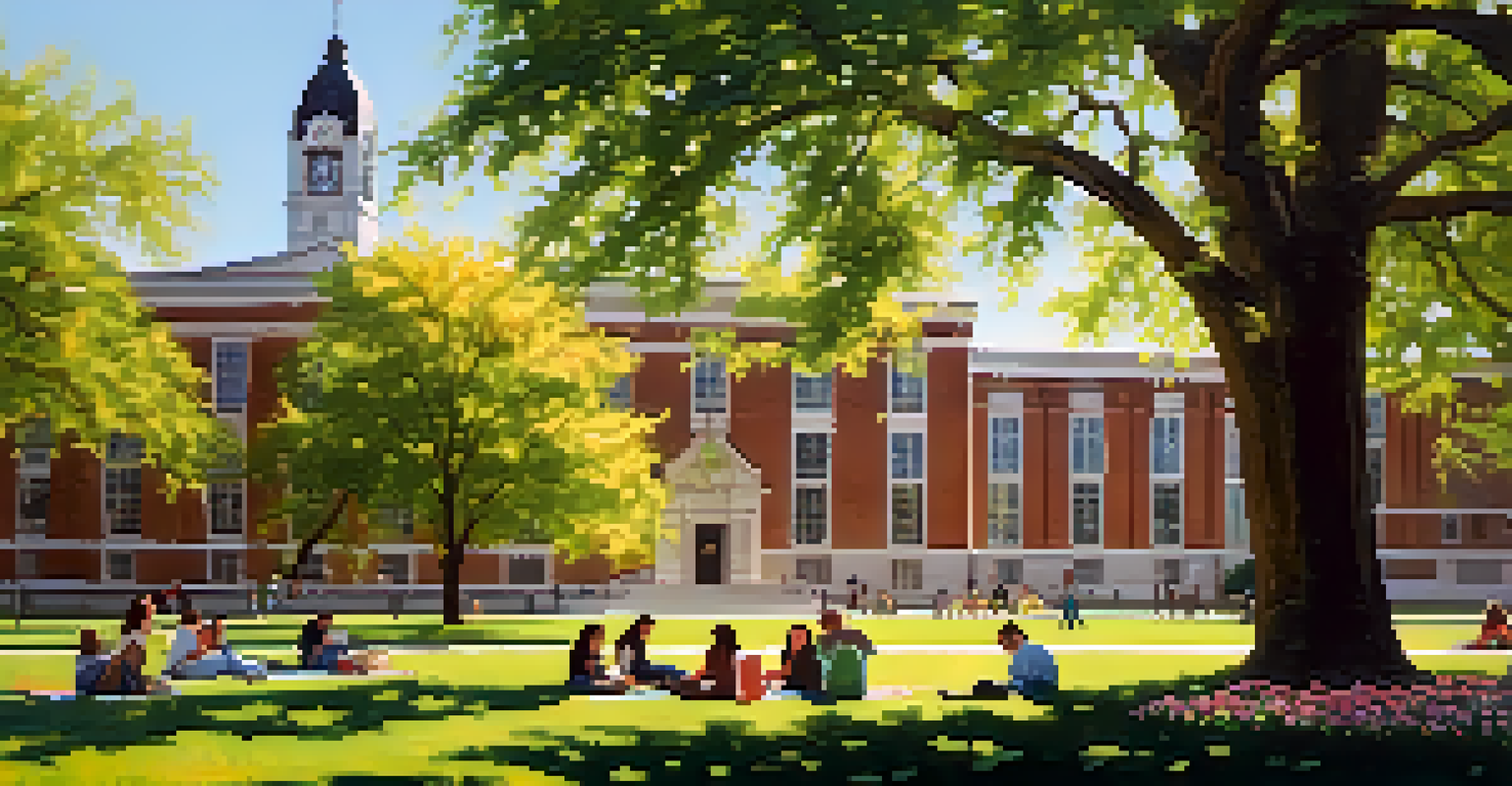 A sunny college quad with students relaxing on the grass, historic buildings, and blooming flowers in the background.