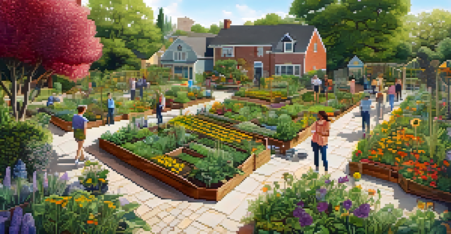 An aerial view of a thriving community garden with various plants, flowers, and people interacting.