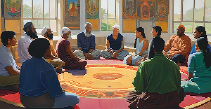 A diverse group of people engaged in an interfaith dialogue in a warmly lit community center, sitting in a circle and sharing ideas.
