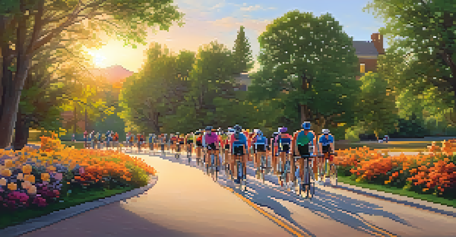 A group of cyclists riding along a path in a beautiful park during sunset.