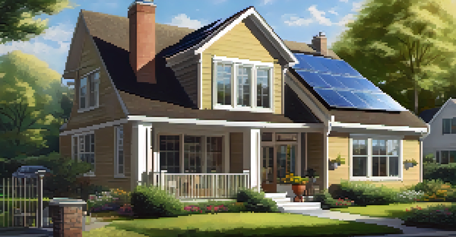 An eco-friendly suburban home with solar panels and a garden, featuring large windows and a family enjoying the outdoor space, surrounded by trees and other sustainable homes.