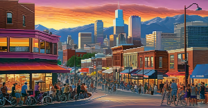 A colorful sunset over Denver's skyline with modern buildings and mountains in the background, bustling street life in the foreground.