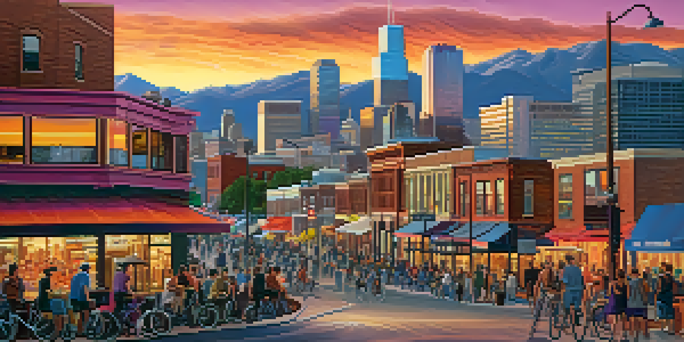 A colorful sunset over Denver's skyline with modern buildings and mountains in the background, bustling street life in the foreground.
