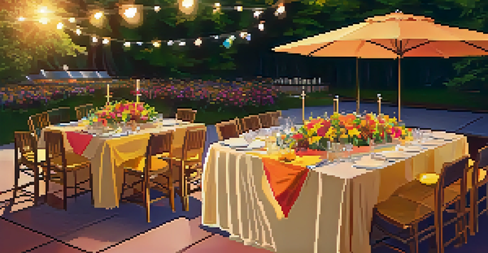 An outdoor event table decorated with colorful tablecloths and floral centerpieces, illuminated by sunset light with a stage in the background.