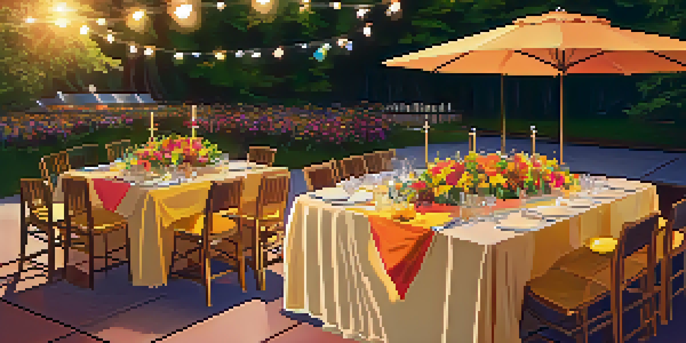 An outdoor event table decorated with colorful tablecloths and floral centerpieces, illuminated by sunset light with a stage in the background.