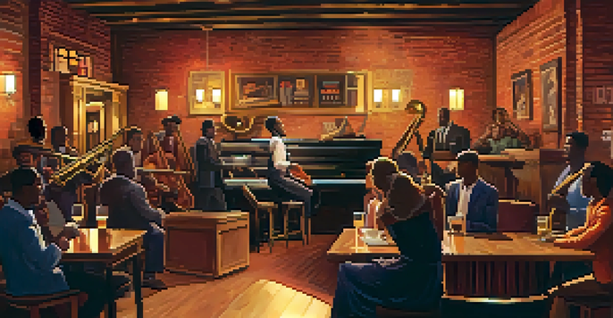 A cozy jazz club with a saxophonist and pianist on stage, warm lights creating an intimate atmosphere and an engaged audience.