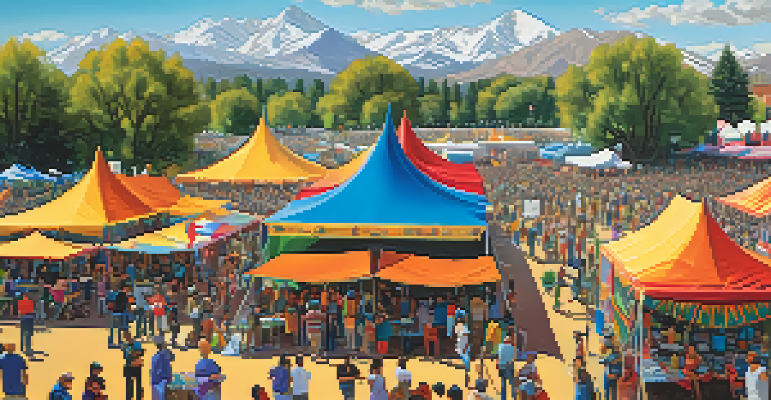 A colorful cultural festival in a Denver park, with local artists and performers, and people enjoying various activities.