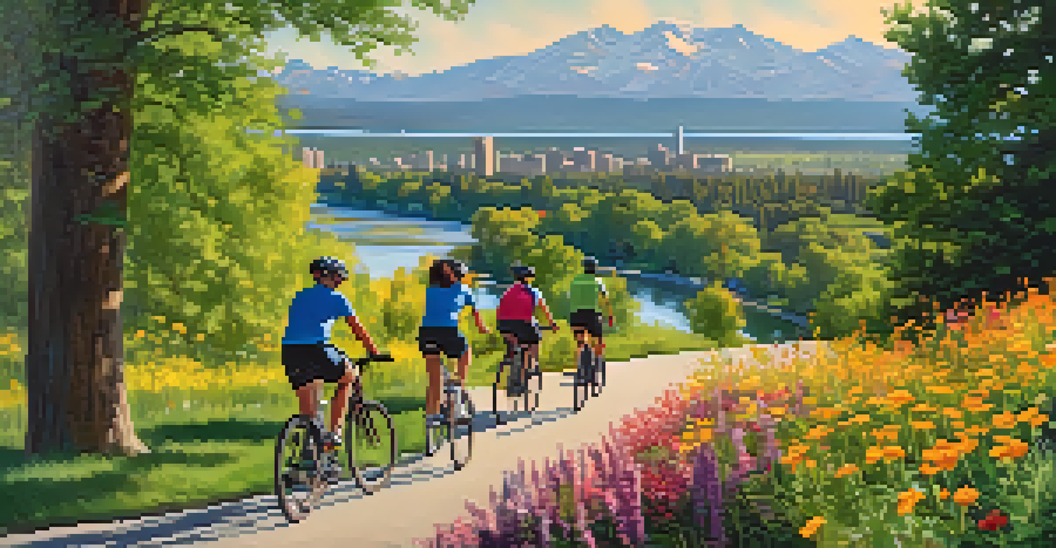 A diverse group of people biking along a river path in Denver, surrounded by greenery and mountains in the background.