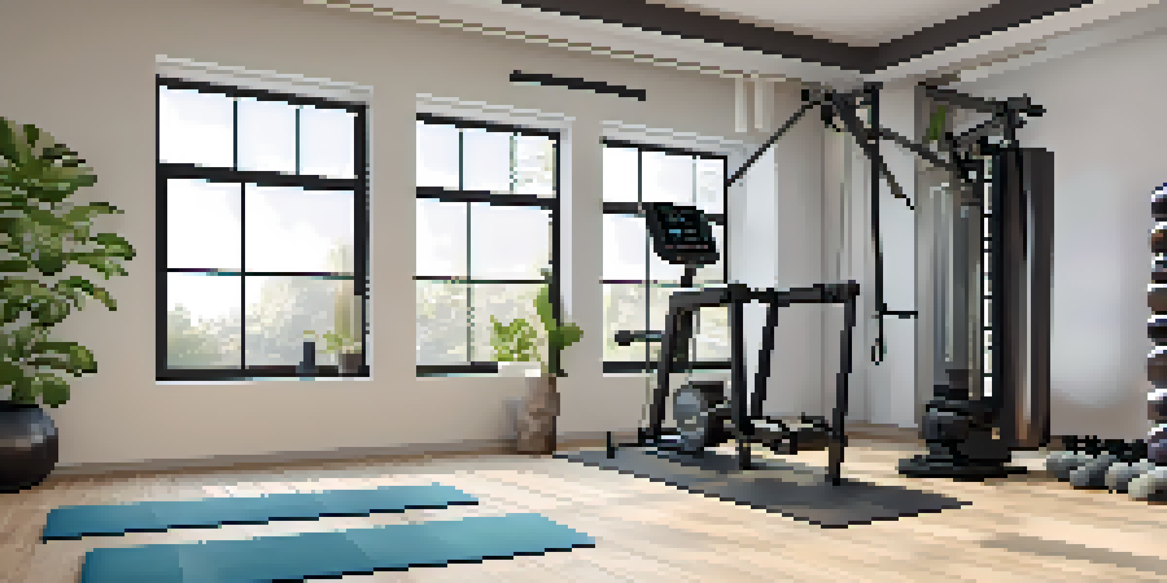 A bright home gym with a screen showing a virtual fitness class, various workout equipment, and indoor plants.
