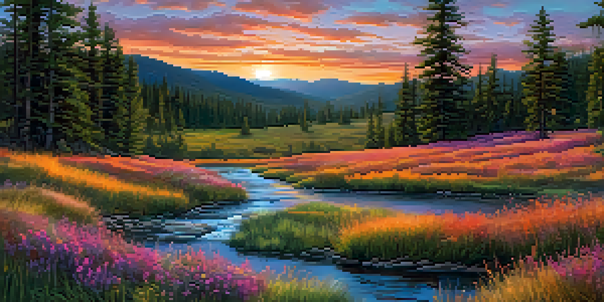 A tranquil Colorado landscape at sunset, featuring pine forests, a stream, and blooming wildflowers.