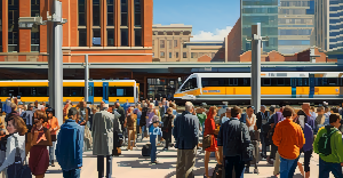 A busy Denver light rail station with diverse commuters waiting for trains under bright sunlight.