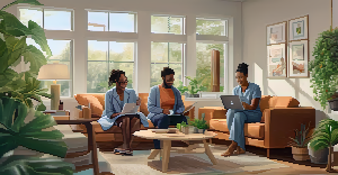 A diverse group of patients in a cozy living room participating in telehealth video consultations with healthcare providers on their devices.