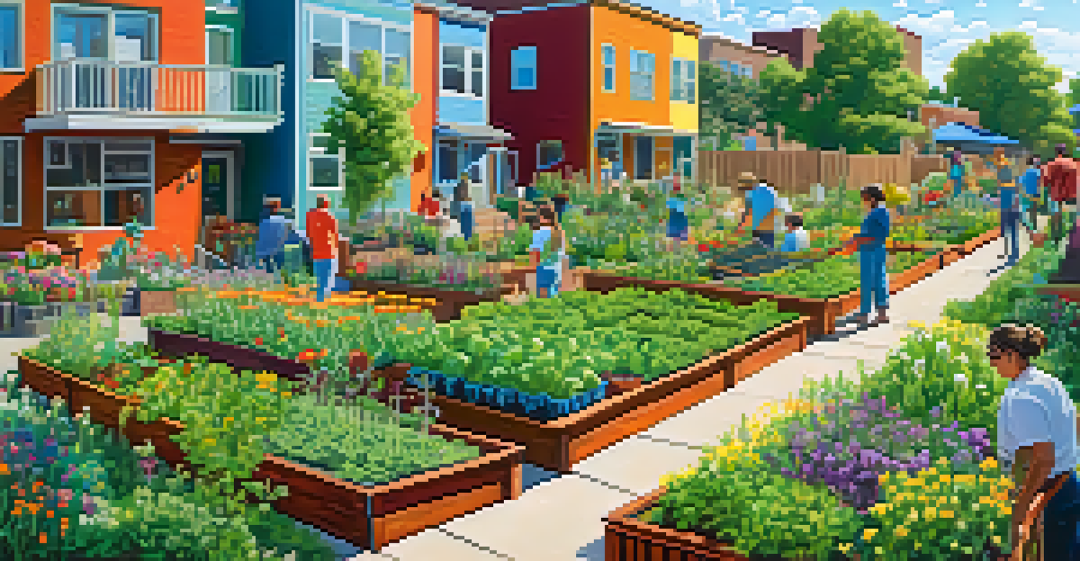 A community garden in a Denver neighborhood with residents planting vegetables and flowers.