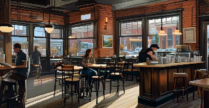A cozy cafe interior with wooden furniture, warm lighting, and a barista making coffee, capturing a lively atmosphere.