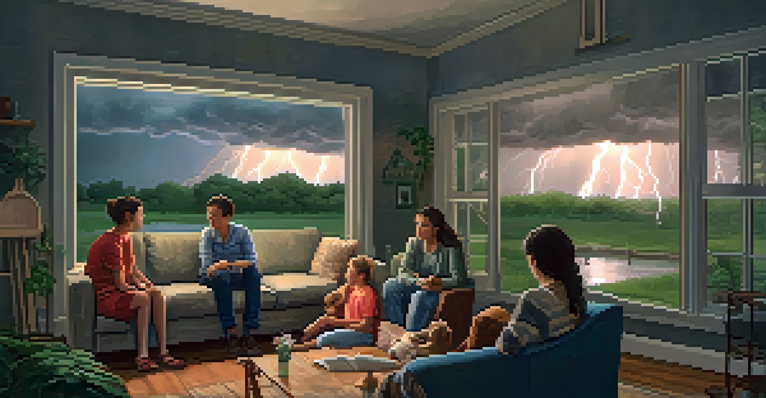 A family in a cozy room during a spring thunderstorm, with dark clouds and lightning outside, showcasing preparedness and calmness.