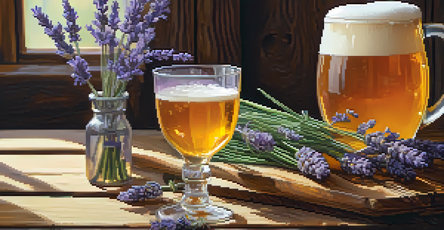 A close-up of a lavender-infused IPA in a rustic glass, showcasing its golden color and frothy head, with lavender flowers around it.