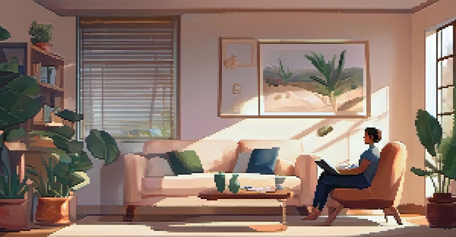 A virtual therapy session with a therapist on a laptop screen and a patient sitting comfortably on a couch in a serene home environment.