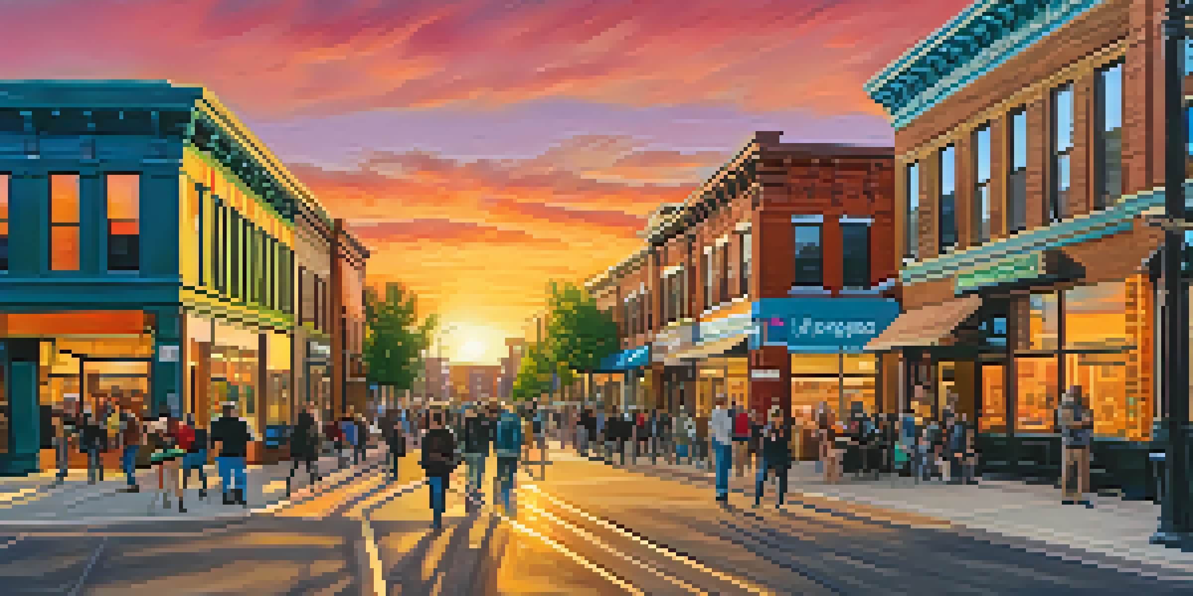 A bustling street in Denver's River North Art District with colorful murals, photographers, and art lovers during an evening art walk.