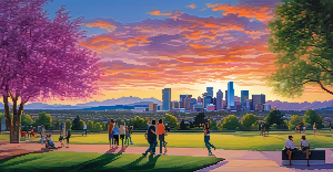A sunset view of Denver's skyline with the Rocky Mountains behind it, featuring colorful skies and a park in the foreground.