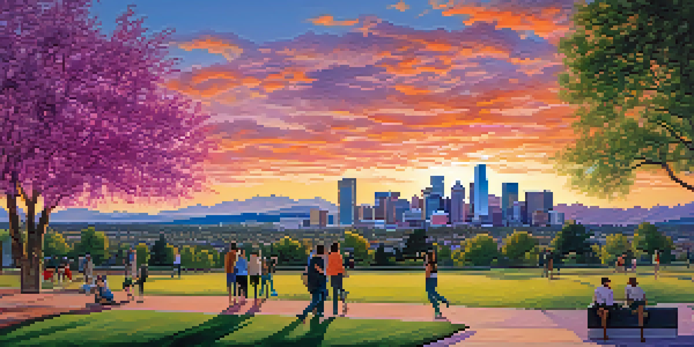 A sunset view of Denver's skyline with the Rocky Mountains behind it, featuring colorful skies and a park in the foreground.