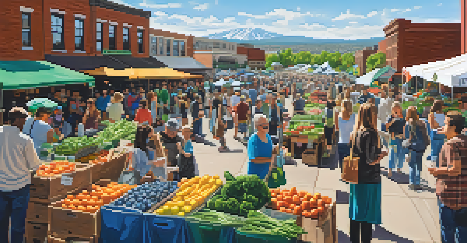 A local market in Denver with vendors selling eco-friendly products and promoting sustainability, filled with shoppers.