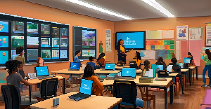 A virtual classroom with diverse students participating in online learning, each in their own home setting, with a teacher visible on the monitor.