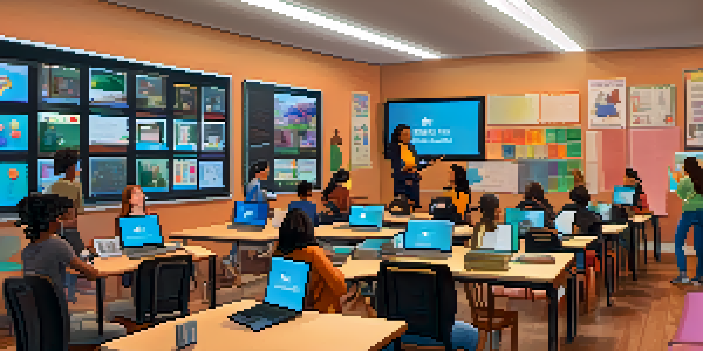 A virtual classroom with diverse students participating in online learning, each in their own home setting, with a teacher visible on the monitor.