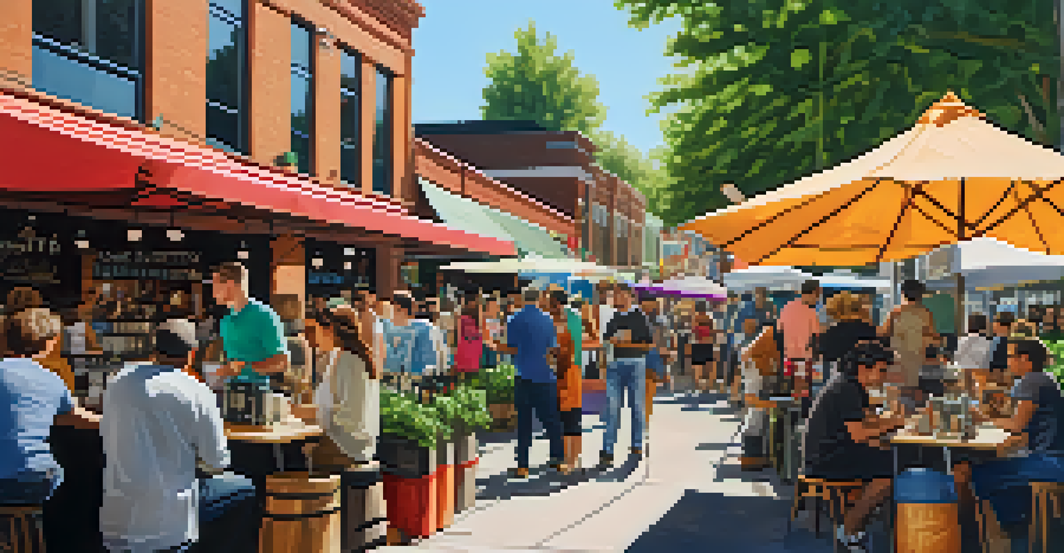 An outdoor coffee market in Denver with various stalls, customers enjoying coffee, and local art in a lively setting.
