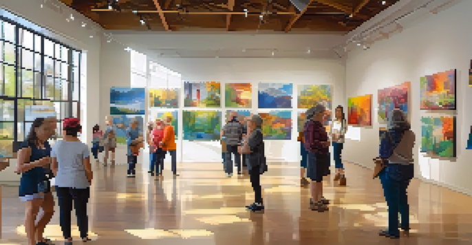 A bustling community art exhibition with diverse attendees engaging with colorful artworks in a bright gallery.