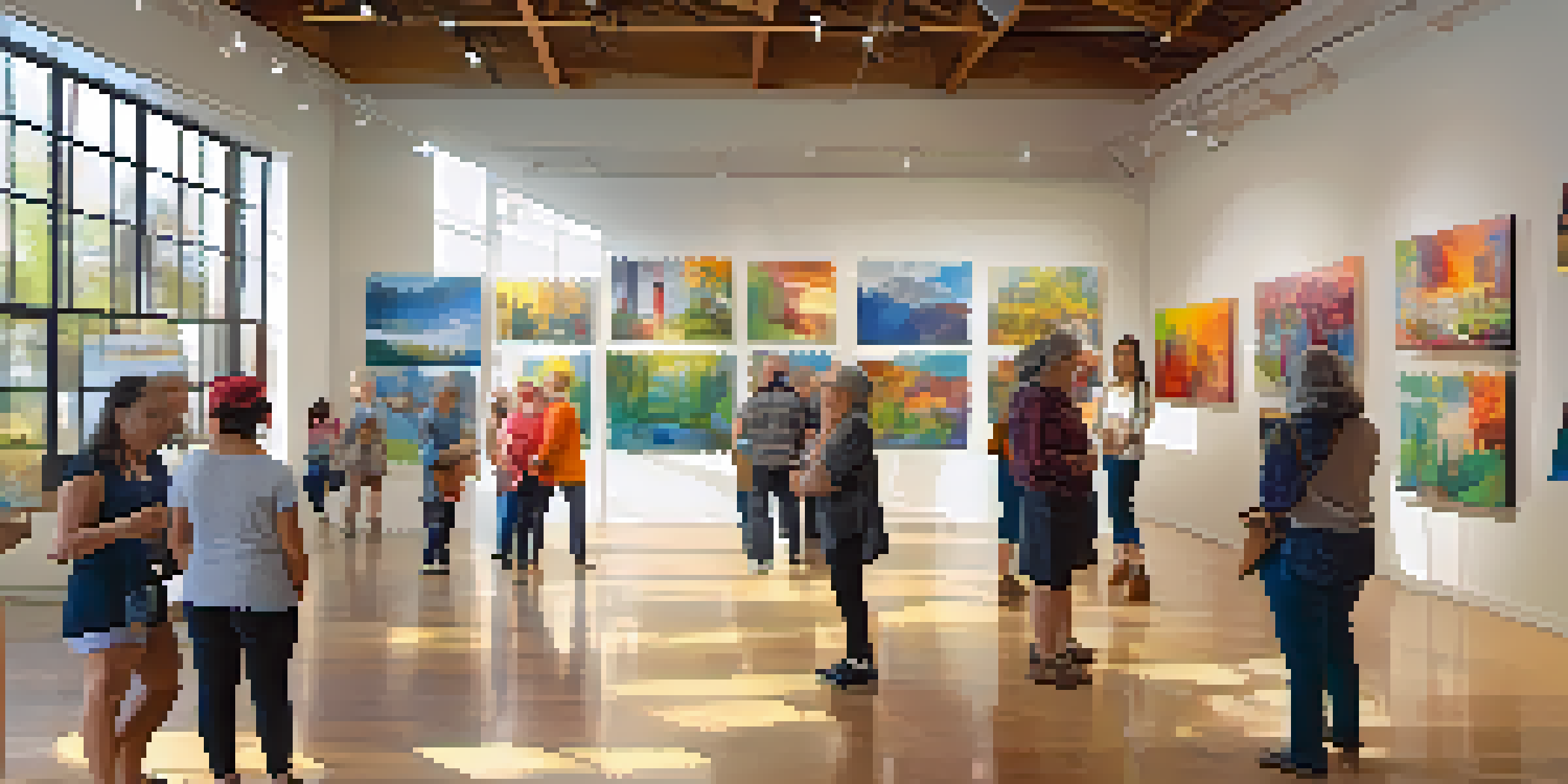 A bustling community art exhibition with diverse attendees engaging with colorful artworks in a bright gallery.
