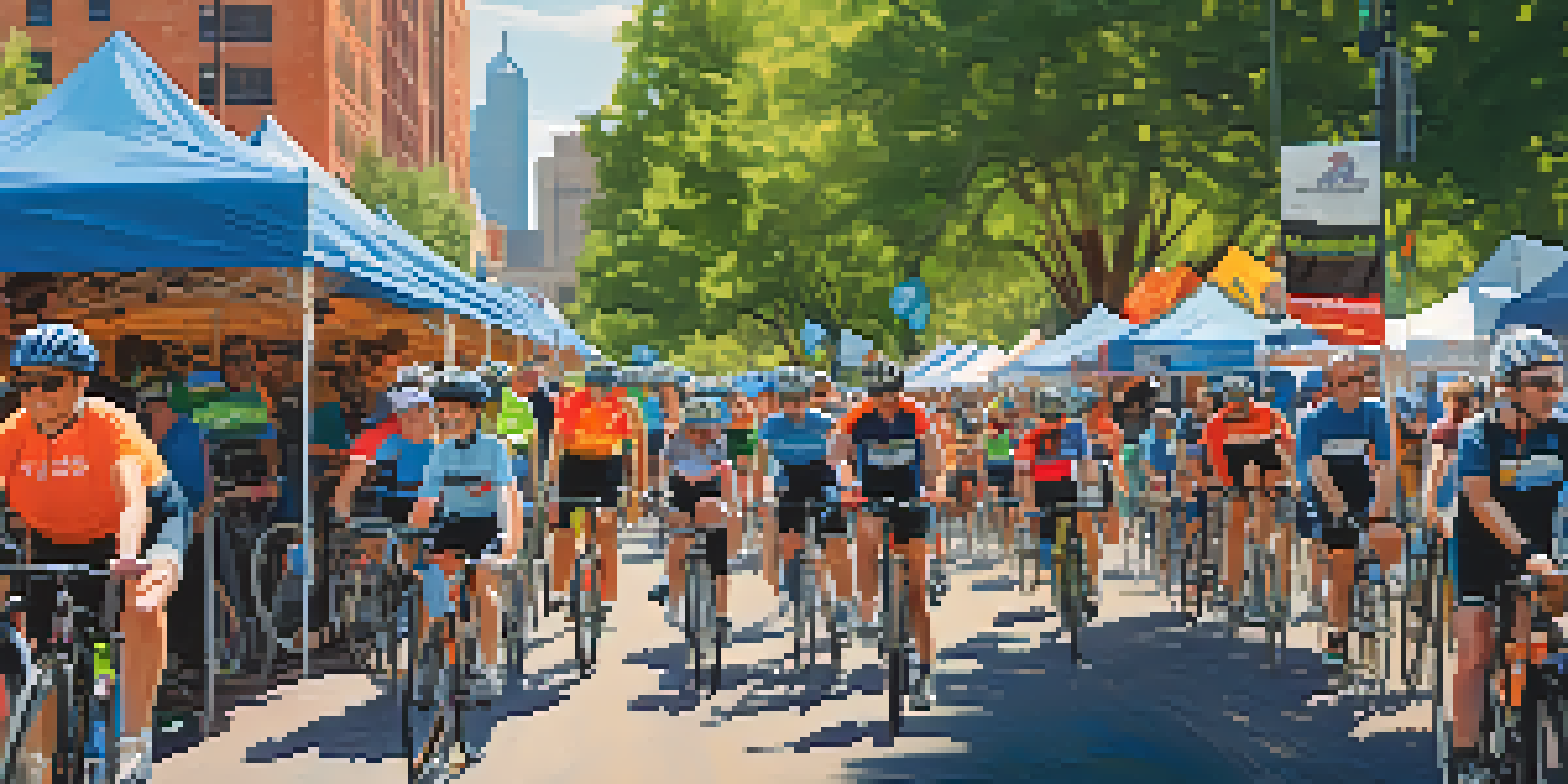Cyclists preparing for the Denver Century Ride event, with colorful banners and a lively atmosphere in the background.