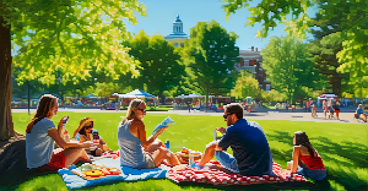 A group of friends enjoying a sunny day at City Park in Denver, sitting on a picnic blanket surrounded by food and greenery.