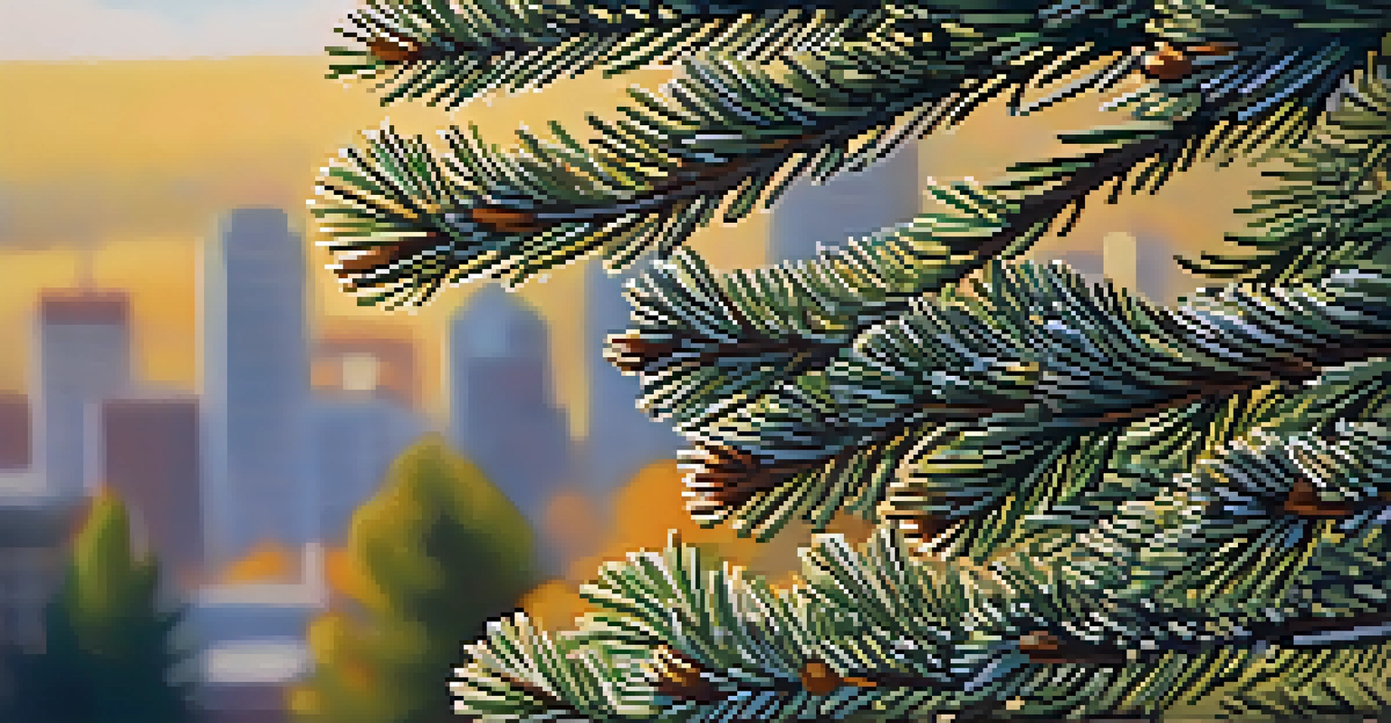 Close-up of Colorado blue spruce trees in autumn with a blurred Denver skyline in the background.