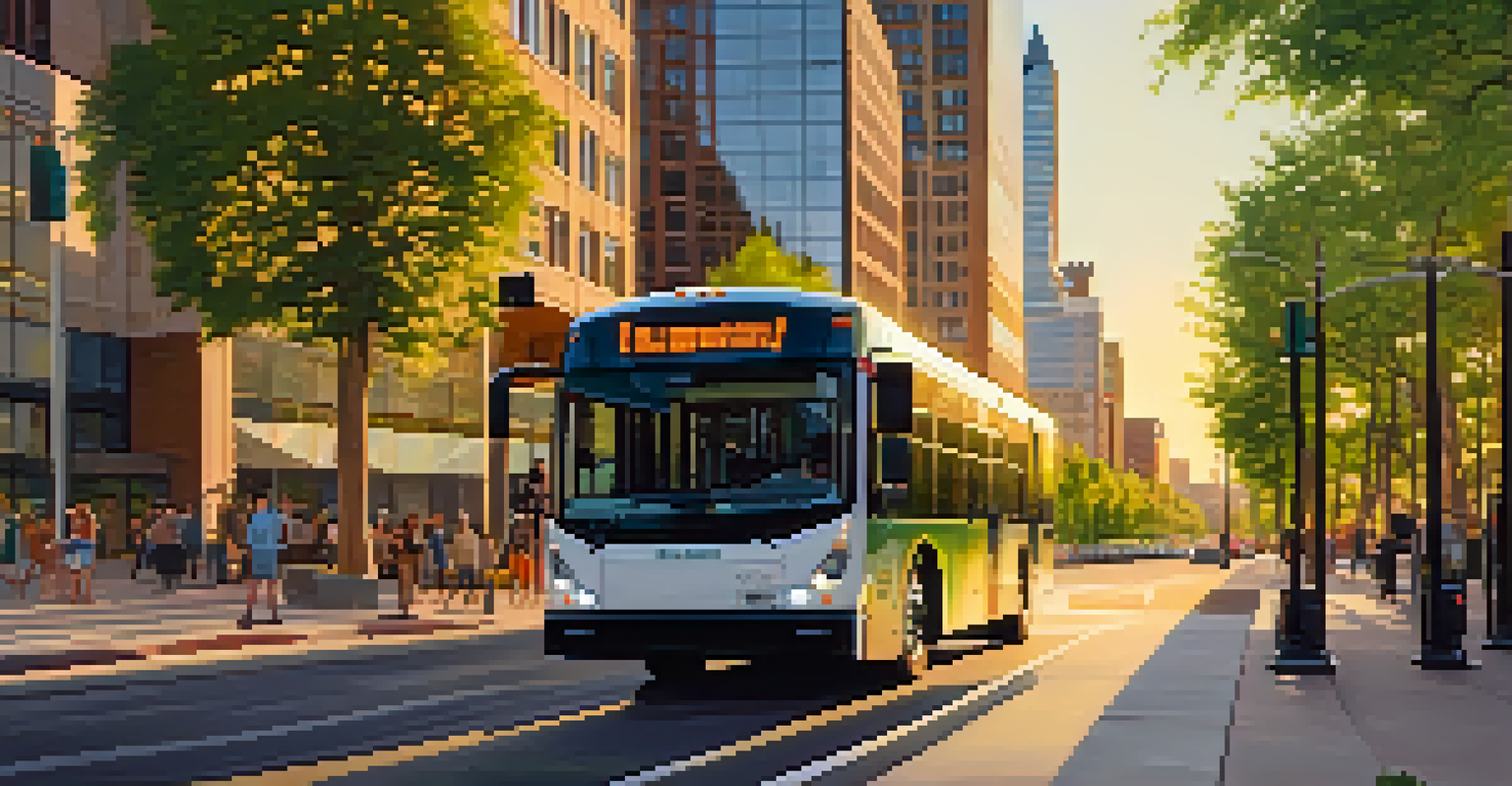 An electric bus in Denver with passengers boarding under warm golden hour light in a cityscape setting.