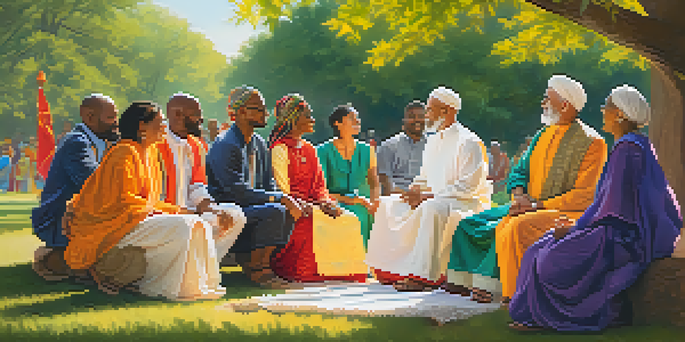A group of people representing different religions engaged in a discussion in a park, surrounded by greenery and sunlight.