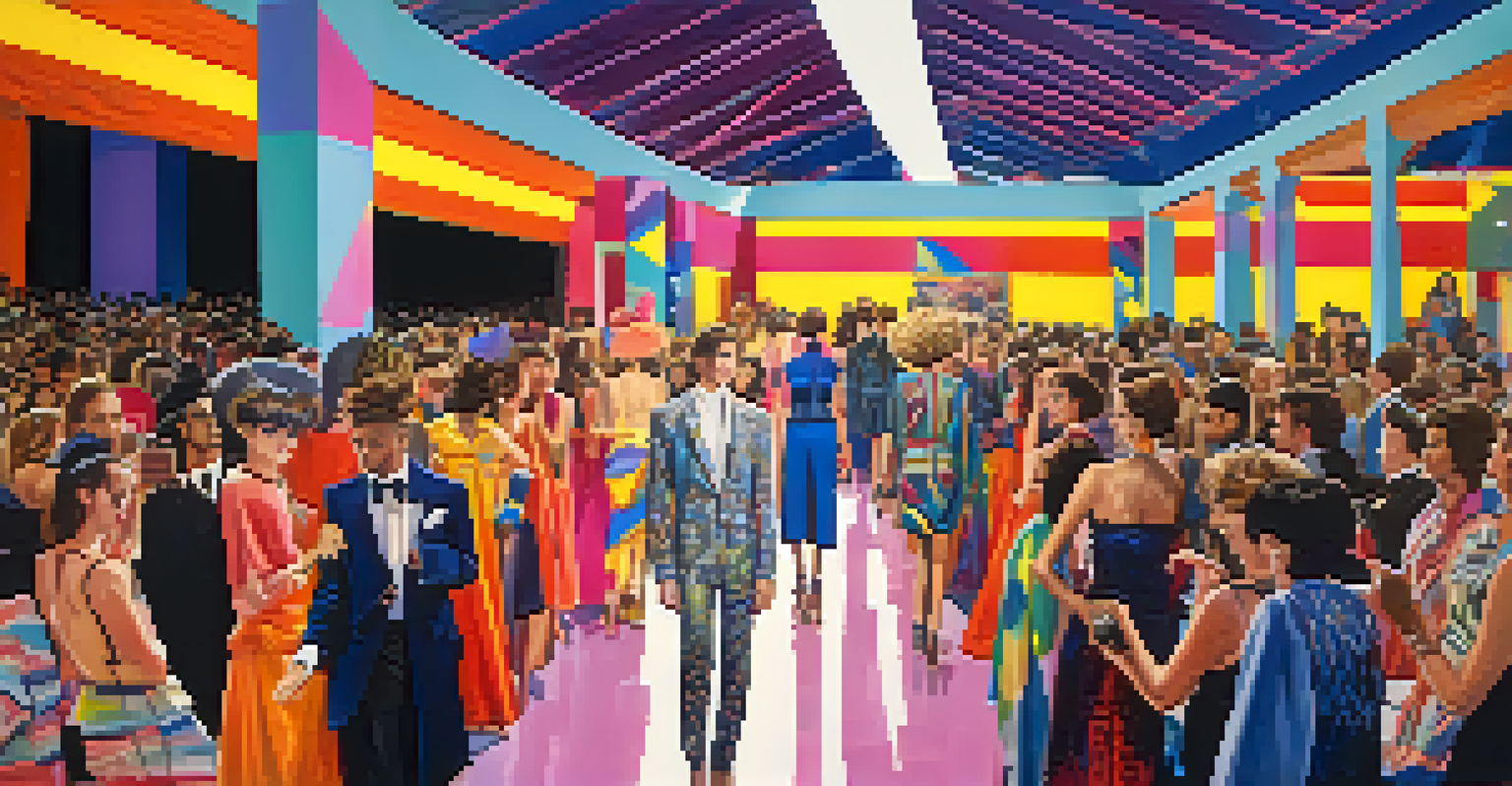 A vintage fashion show from the 1980s in Denver featuring models in bold designs and an eclectic audience.